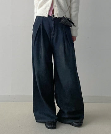 804 Pleated Long Wide Denim Pants